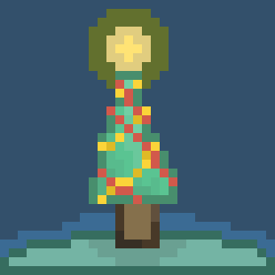 A pixel art drawing of a christmas tree at night.